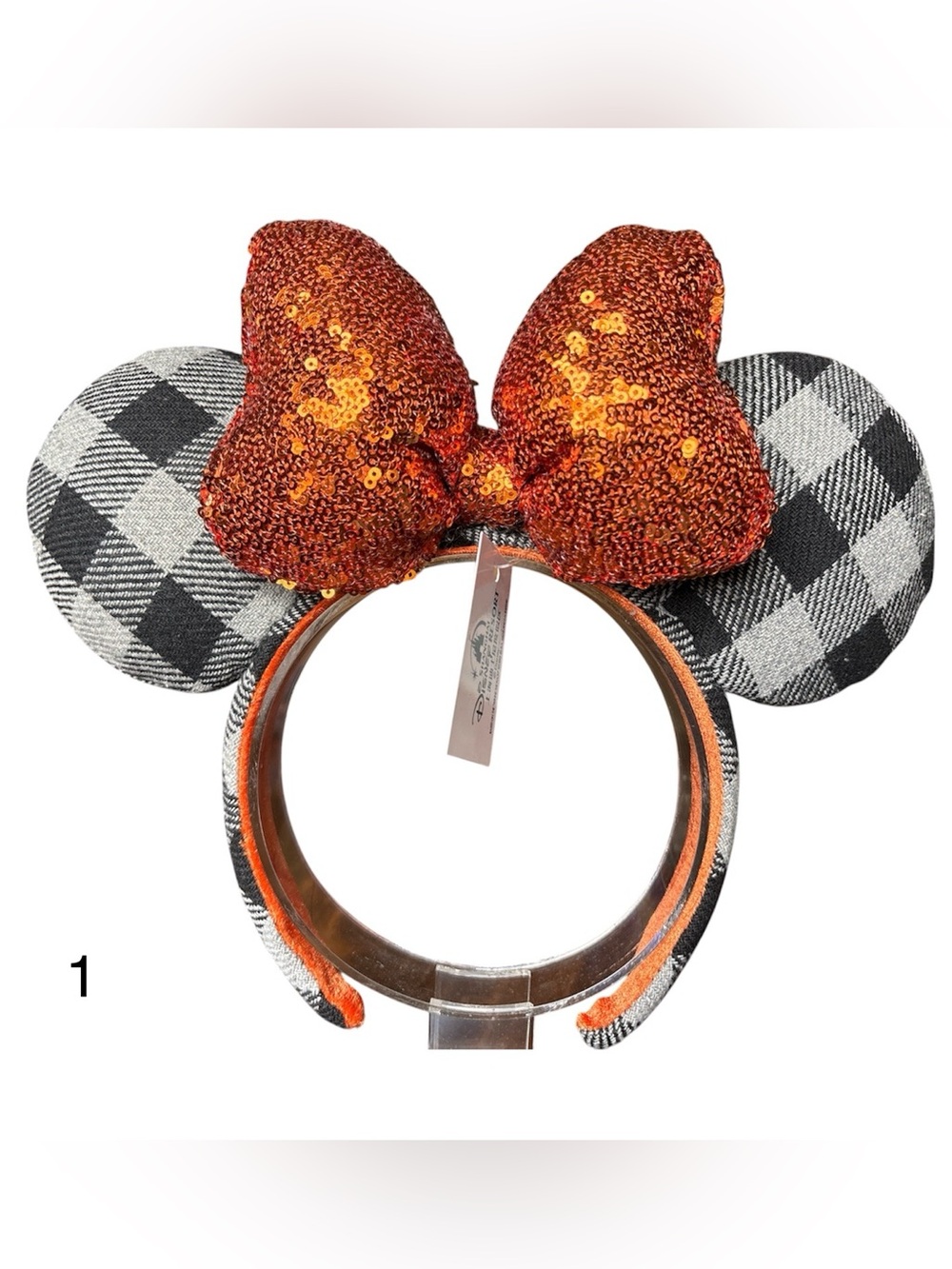 Disney Minnie Mouse Ears Orange Bow Sequin Halloween Plaid Headband NEW! 1